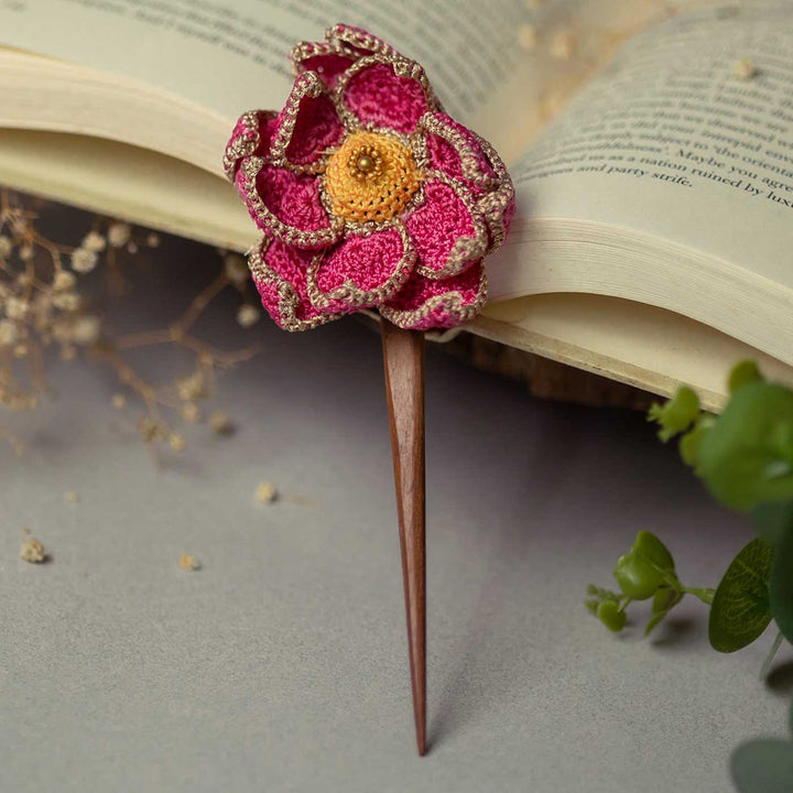 Handmade Crochet Shimmer Pink Lotus Design Hairstick
