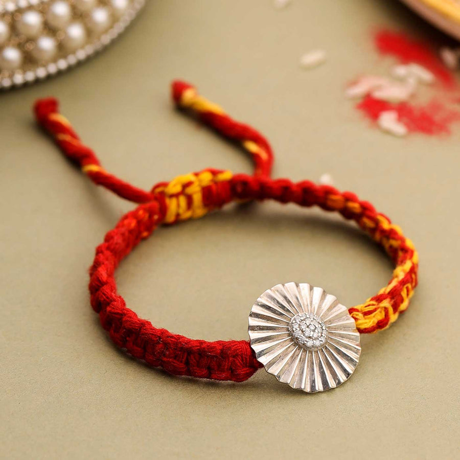 Handmade Sun Design Silver Rakhi For Brother - Front View
