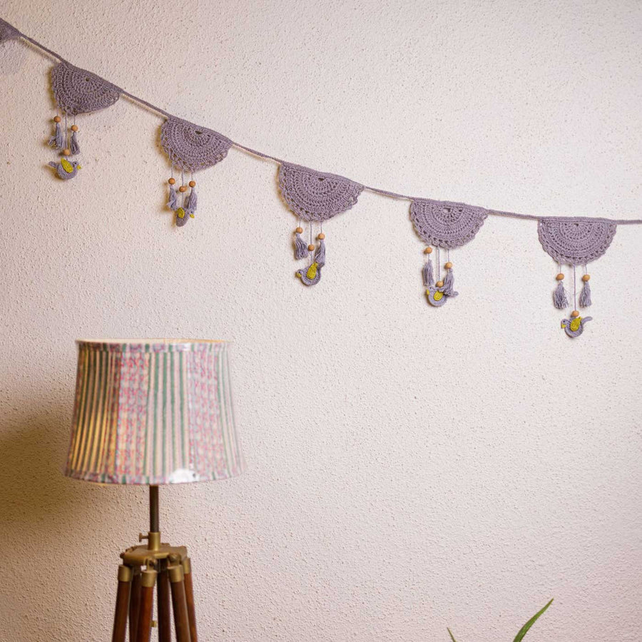 Handmade Crochet Grey Tassel Boho Cotton Bunting - Decorative Wall Hanging Display