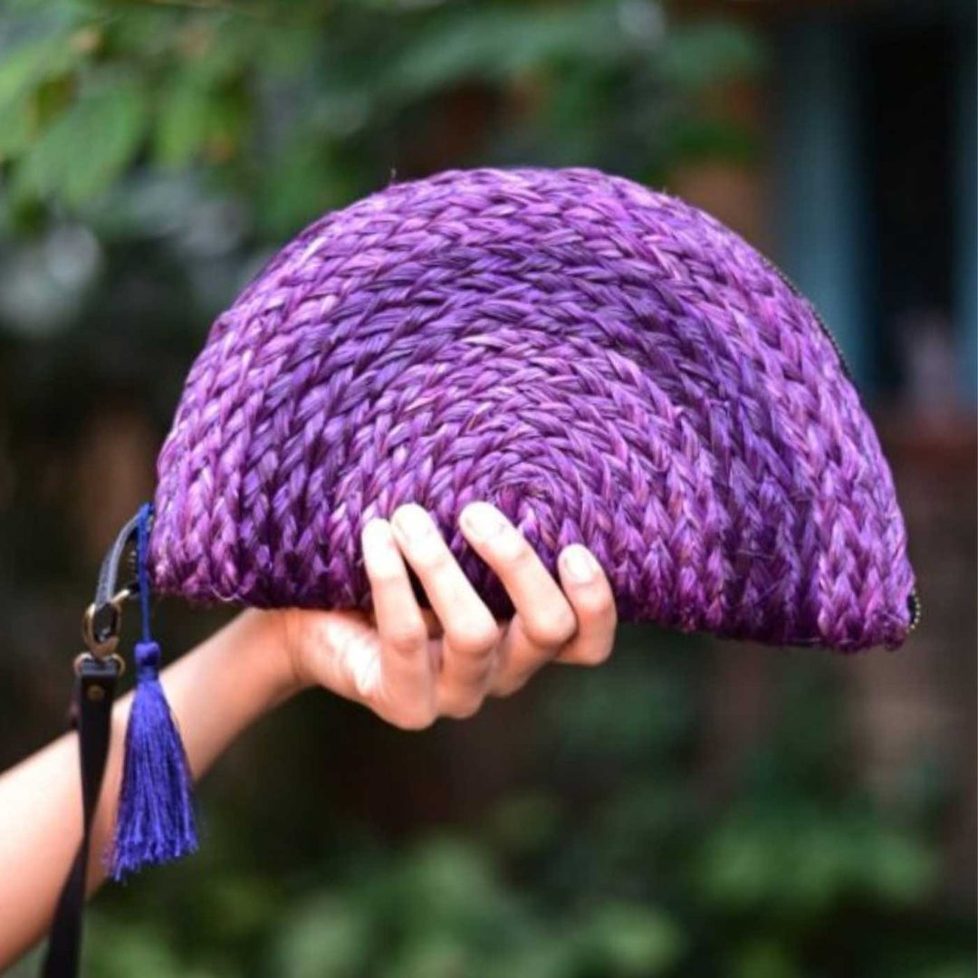 Handmade Grass Woven Rustic Earth Tones Sanai Lavender Clutch