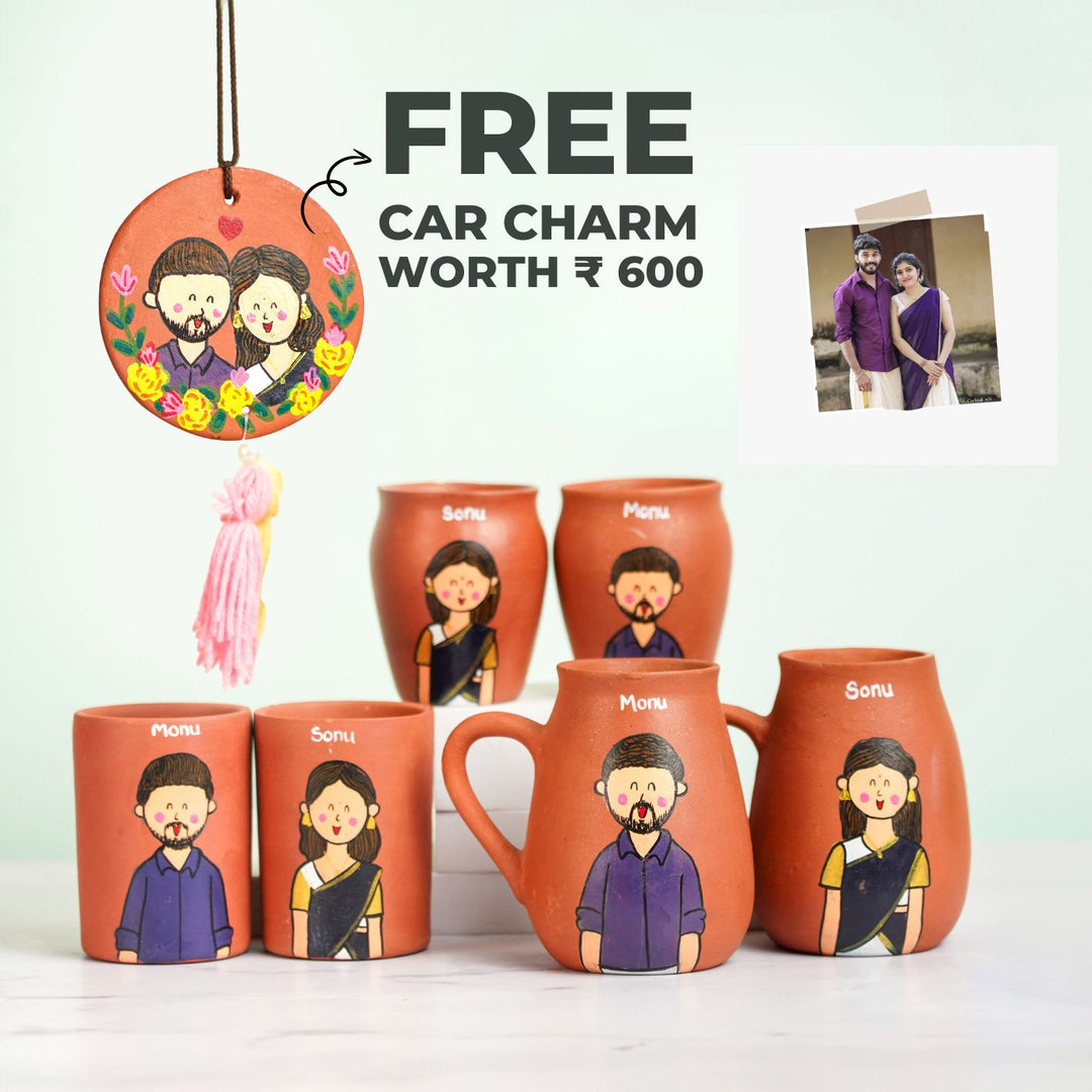 Photo Personalized Hand-painted Terracotta Drinkware Set for Couples I Set of 6 + Freebie