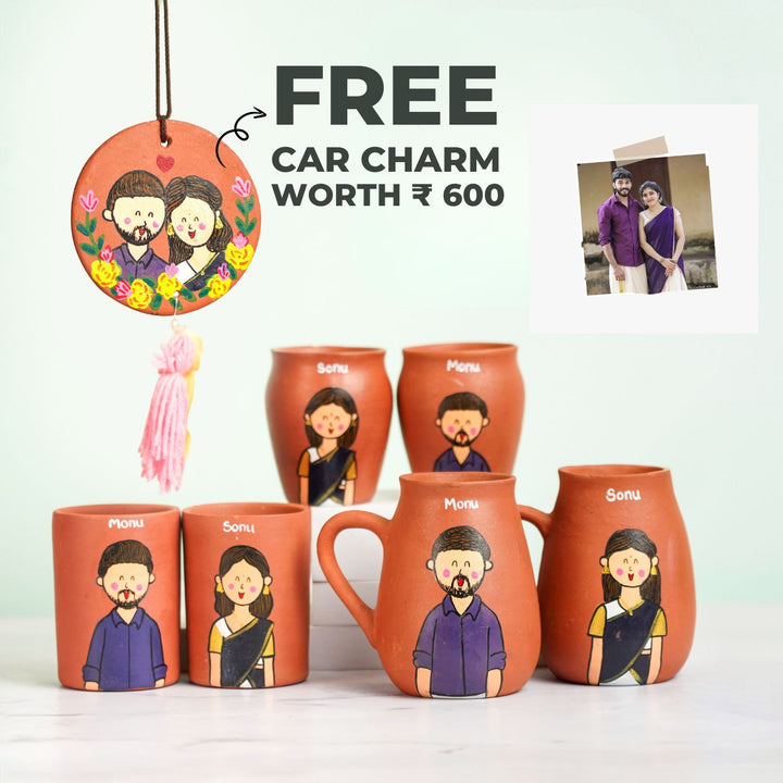 Photo Personalized Hand-painted Terracotta Drinkware Set for Couples I Set of 6 + Freebie
