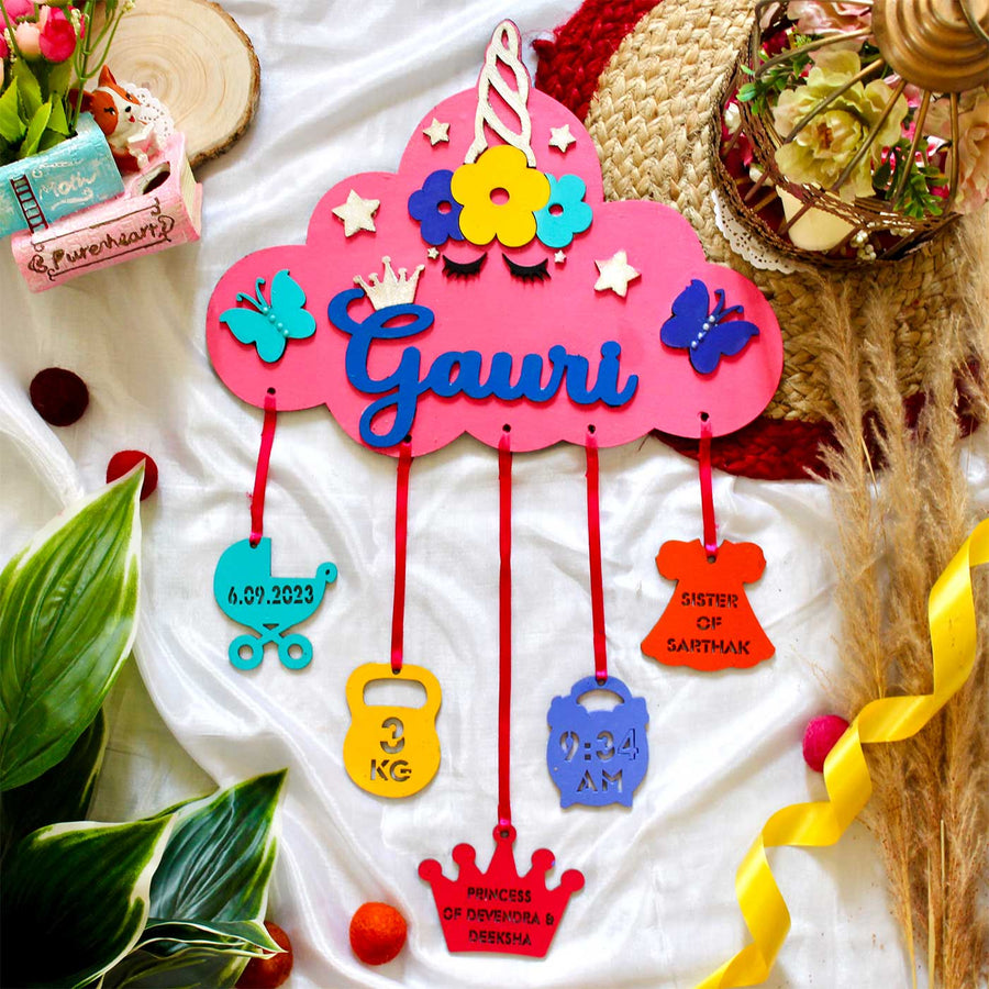 Personalized Hand Painted Unicorn Themed Mdf Wood Kids Name Plate - Front View with Hanging Details