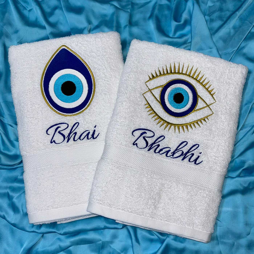 Personalized Embroidered Evil Eye Theme Cotton Bath Towel For Bhaiya And Bhabhi | Set Of 2