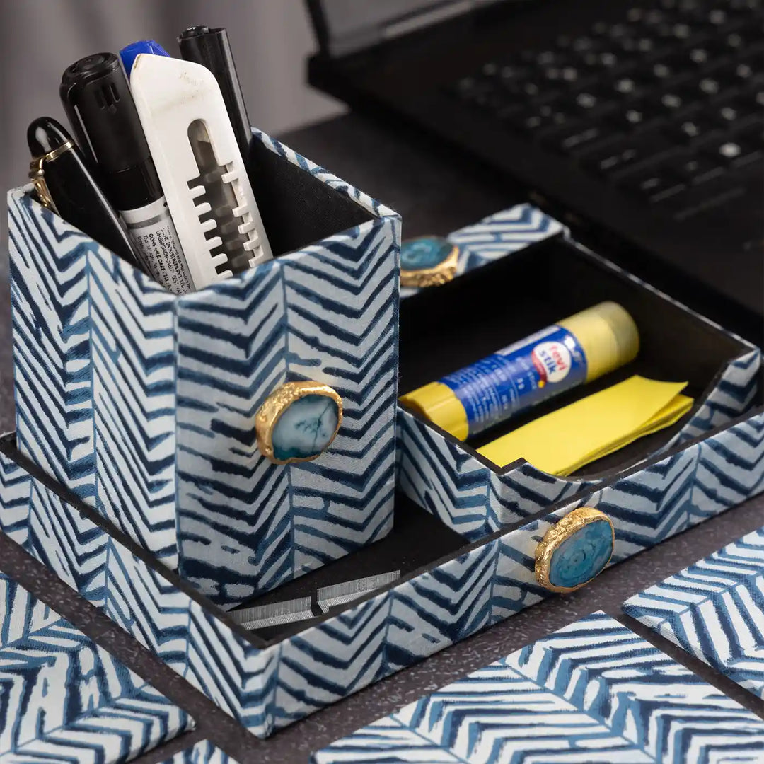 Blue Cotton Fabric Coated MDF Desk Organiser Set With Agate Accents