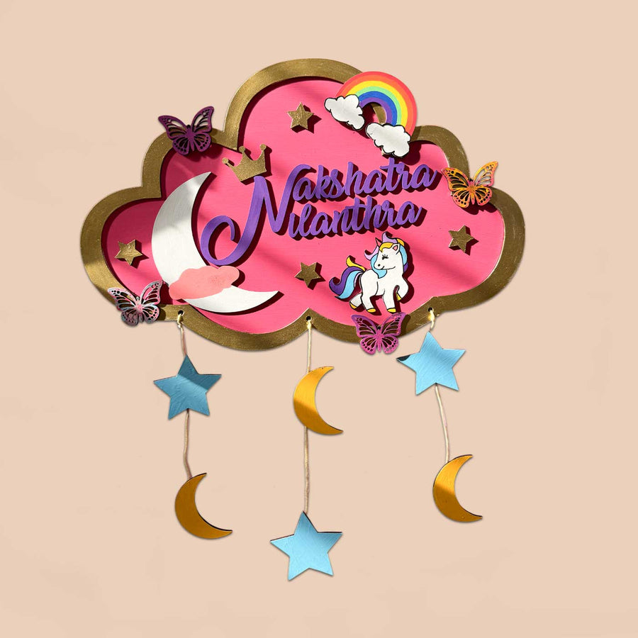 Personalized Pink Cloud Shaped Wooden Name Plate For Kids - Front View Hanging Wall Decor