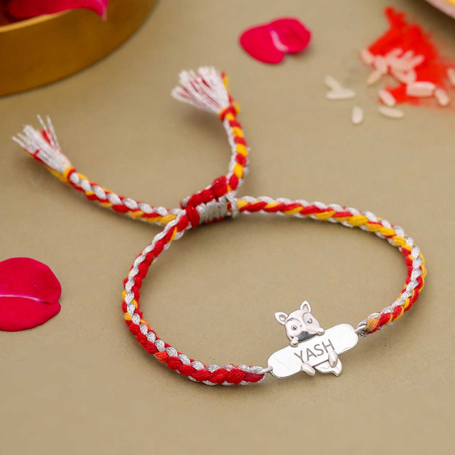 Personalized Handmade Fox Design Silver Kids Rakhi - Front View
