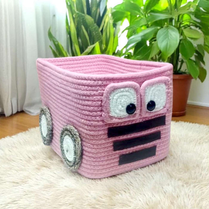 Handmade Coil Basketry Pink Bus Cotton Rope Basket for Kids