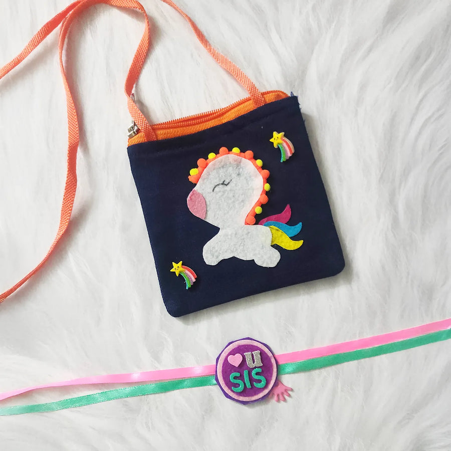 Handmade Unicorn Theme Felt Rakhi Hamper With Roli Chawal Includes 1 Sling Bag 1 Rakhi - Front View with Bracelet