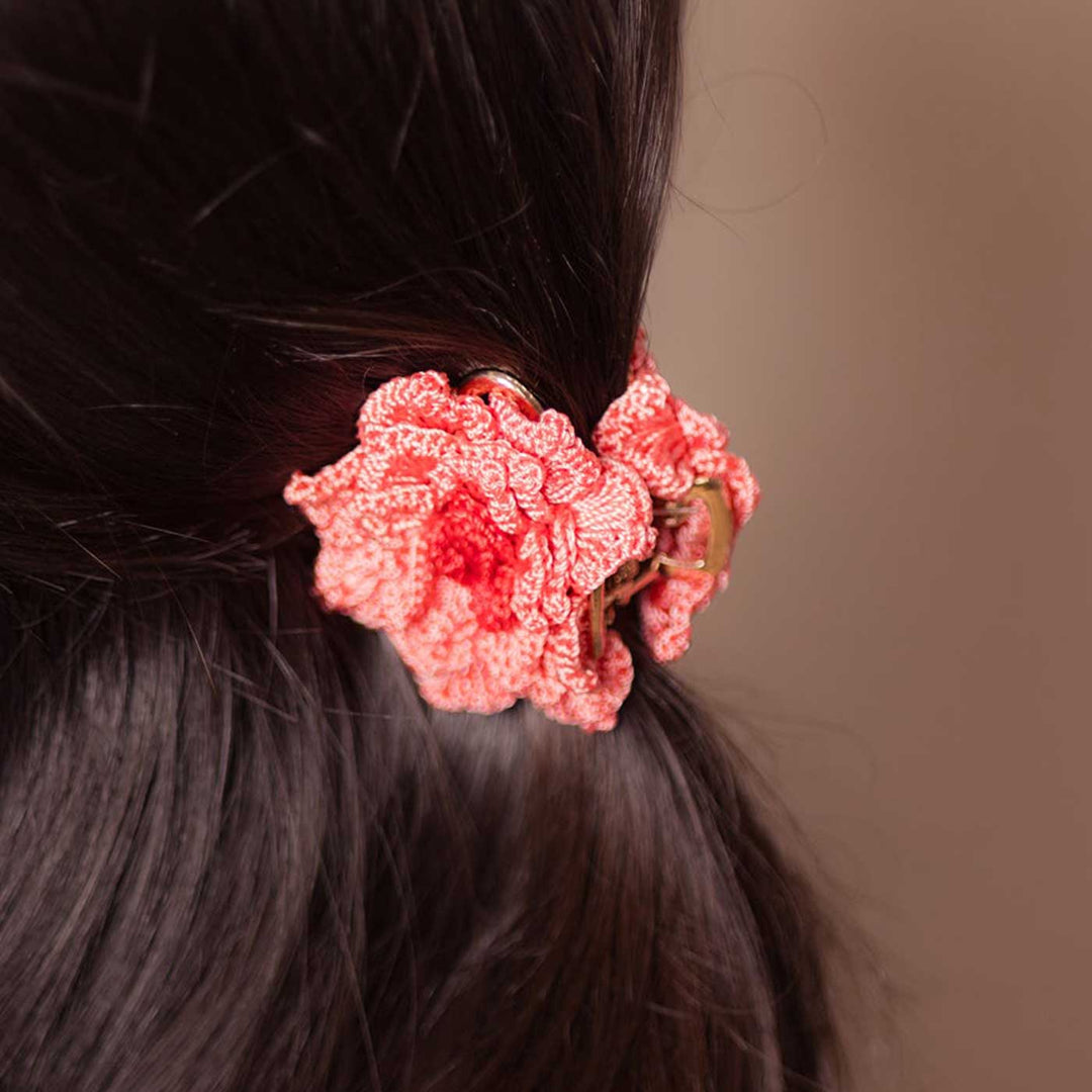 Handmade Crochet Guncha Peach Dahlia Hair Clutch