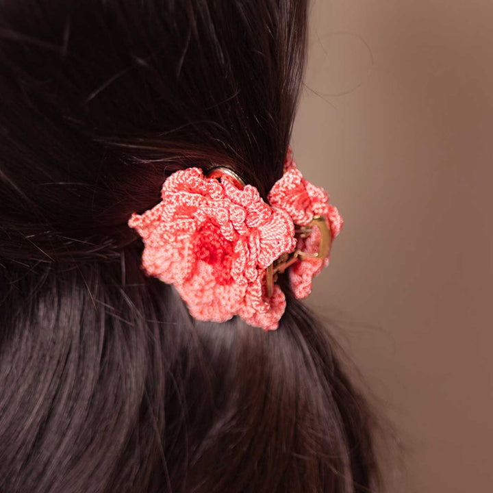 Handmade Crochet Guncha Peach Dahlia Hair Clutch