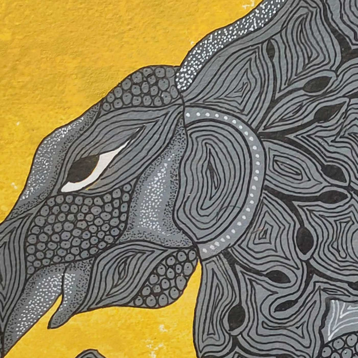 11 x 16 Inch | Wild Companionship Of Elephant & Bird | Original Hand Painted Tribal Gond Art Painting | Acrylic Paints On Paper