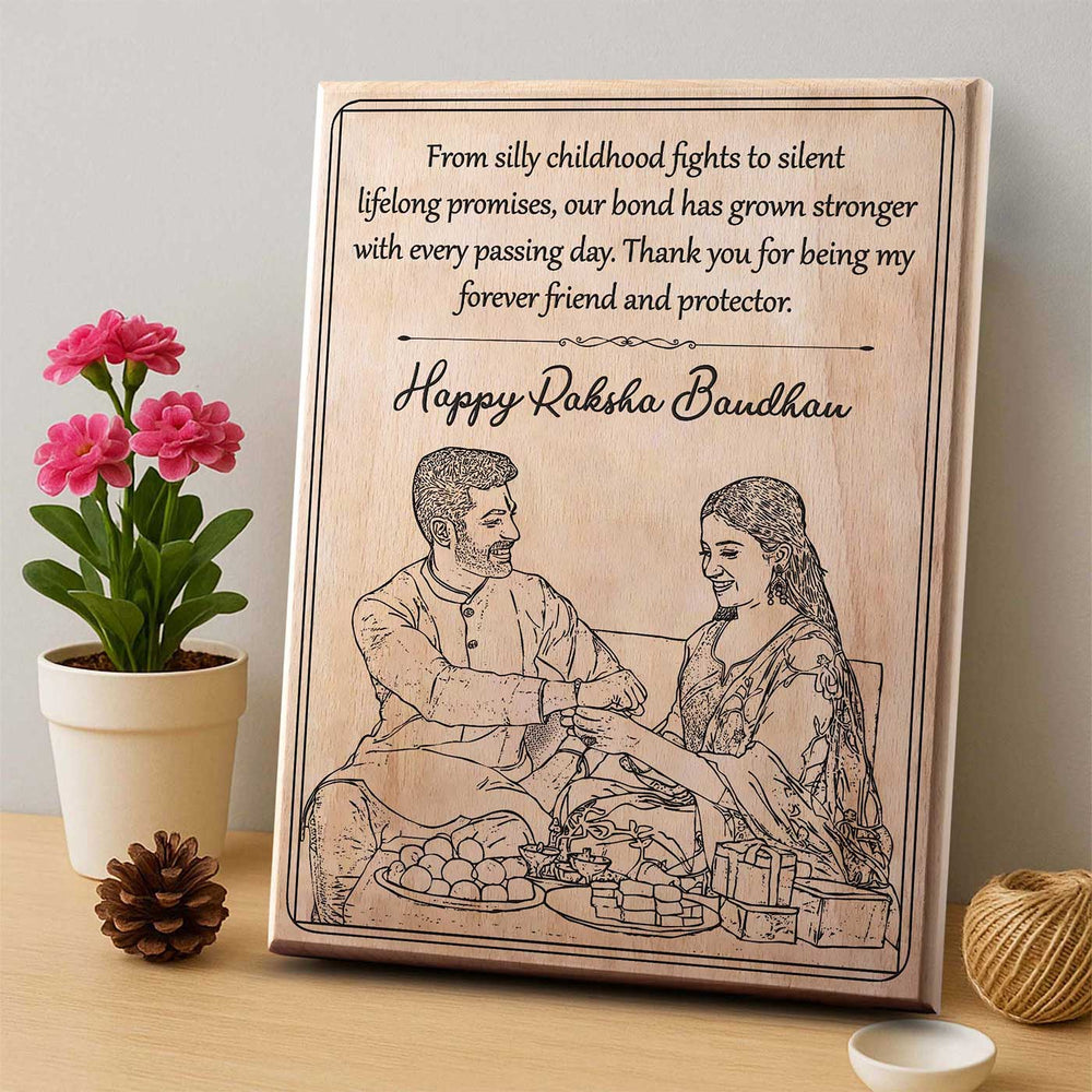 Photo Personalized Engraved Raksha Bandhan Theme Square Wooden Decorative Plaque Rakhi Hamper Includes 1 Rakhi 1 Plaque 1 Chocolate 1 Card And 1 Rakhi Plate - Plaque Leaning Against Wall