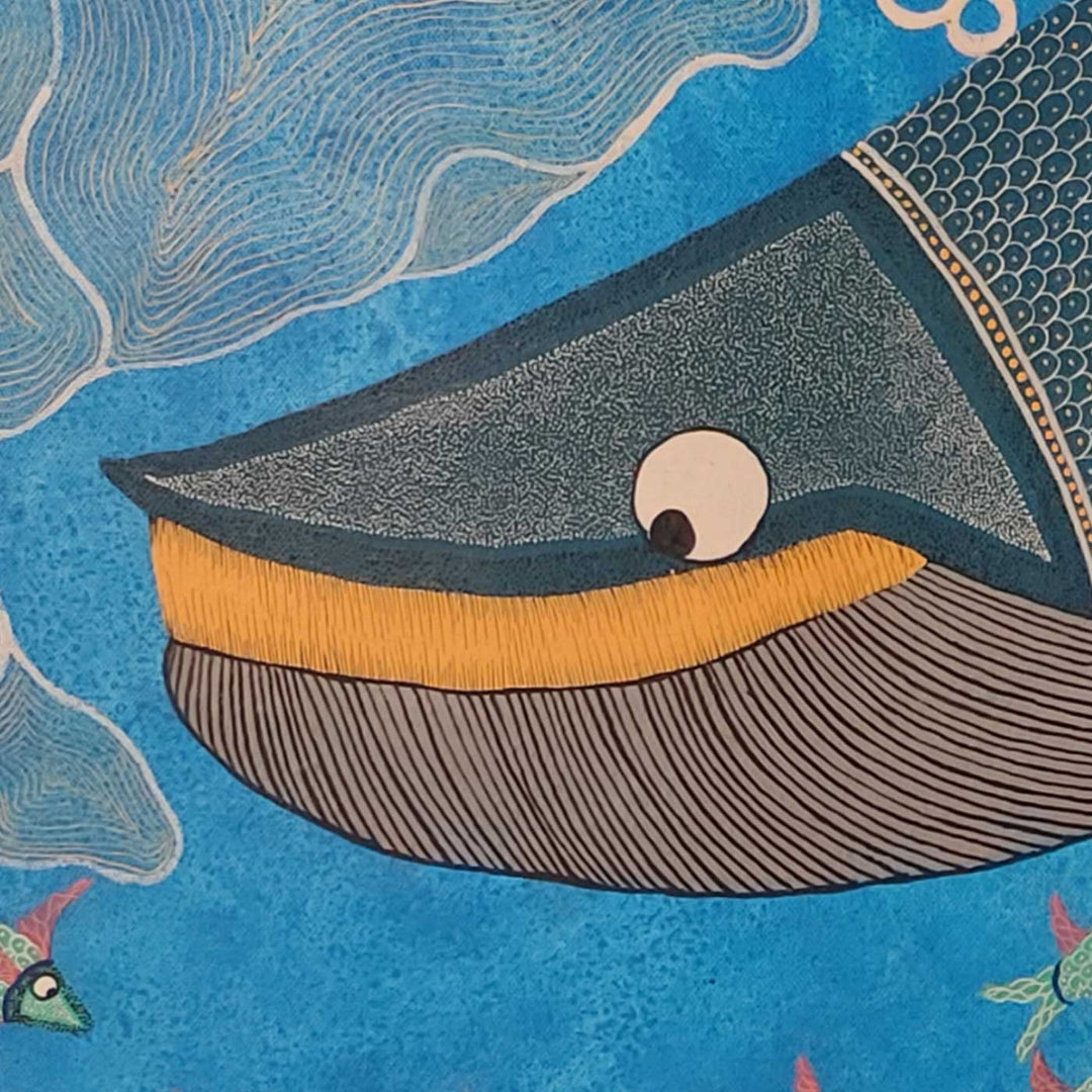 36 x 36 Inch | Mother & Calf Whale Deep Sea Bond | Original Hand Painted Tribal Gond Art Painting | Acrylic Paints On Canvas