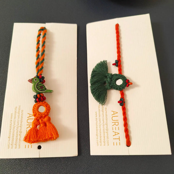 Handmade Mirror Work Bird & Tassels Bhaiya Bhabhi Rakhi With Roli Chawal