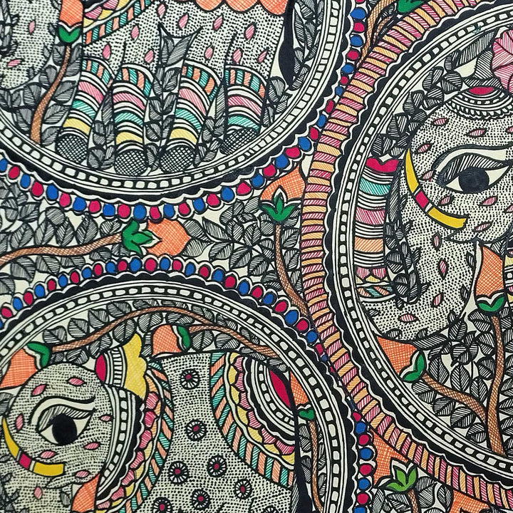 22 x 30 Inch | Elephants & Tree | Original Hand Painted Madhubani Painting | Natural Pigments On Paper