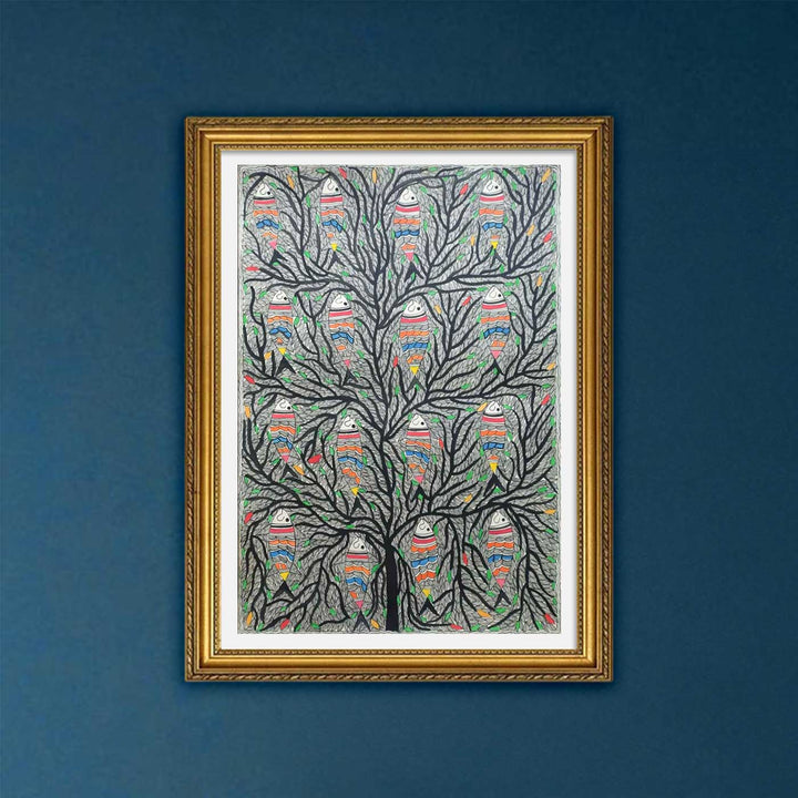 22 x 30 Inch | Fishes in the Sacred Tree | Original Hand Painted Madhubani Painting | Natural Pigments On Paper