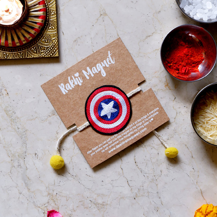 Handmade Reusable Captain America Theme Pom Pom Felt Kids Rakhi - In Packaging with Background Props