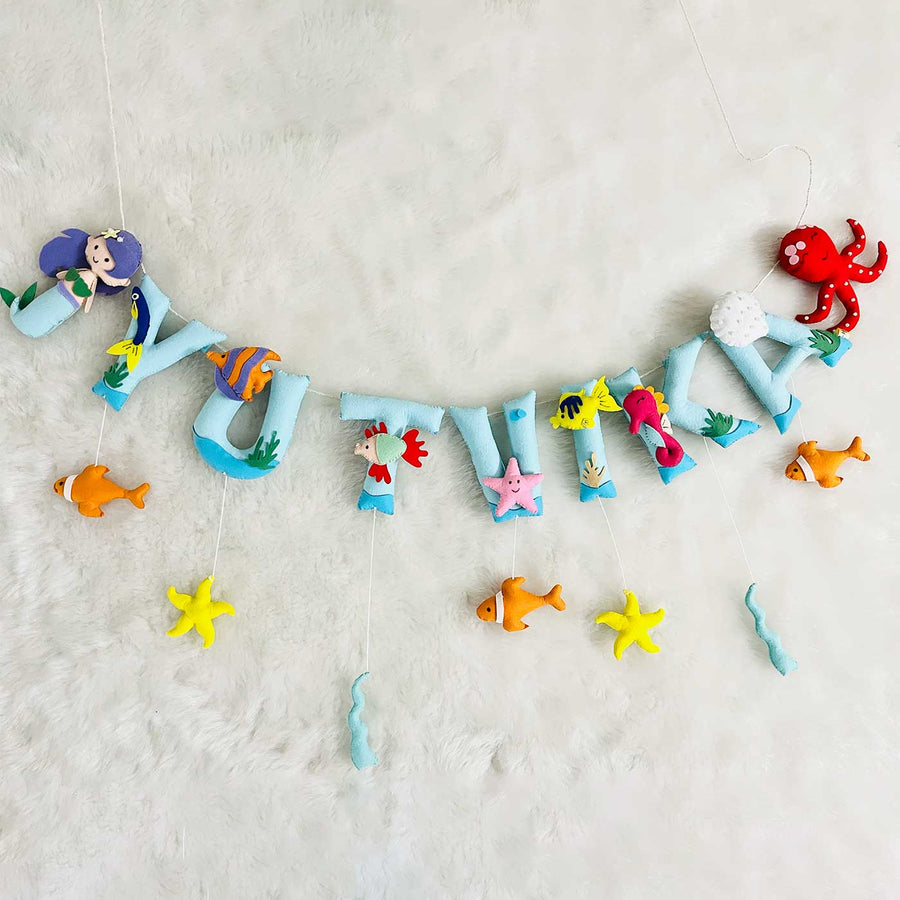 Handcrafted Personalized Mermaid Themed Bunting For Kids - Name Personalization Hanging Display