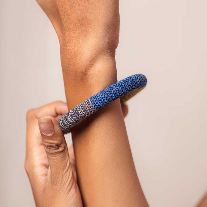 Handmade Crochet Rangat Blue And Gold Colour Block Bangle