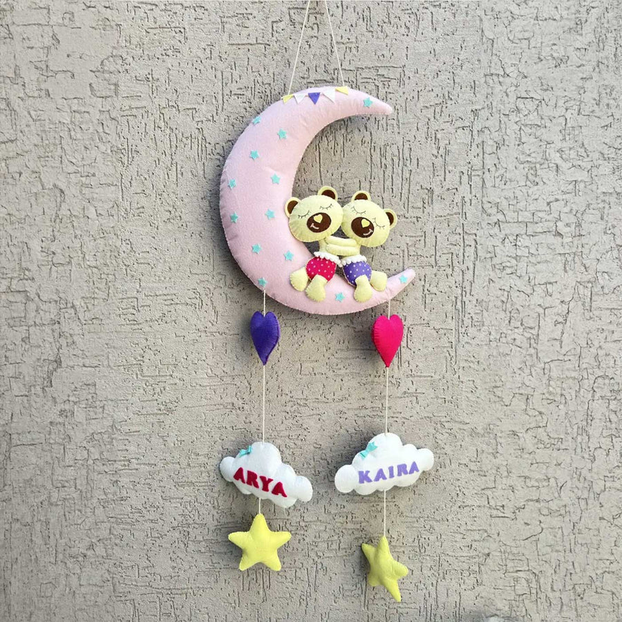 Personalized Handmade Pink Moon Felt Name Plate For Siblings - Hanging with Name Personalization Example
