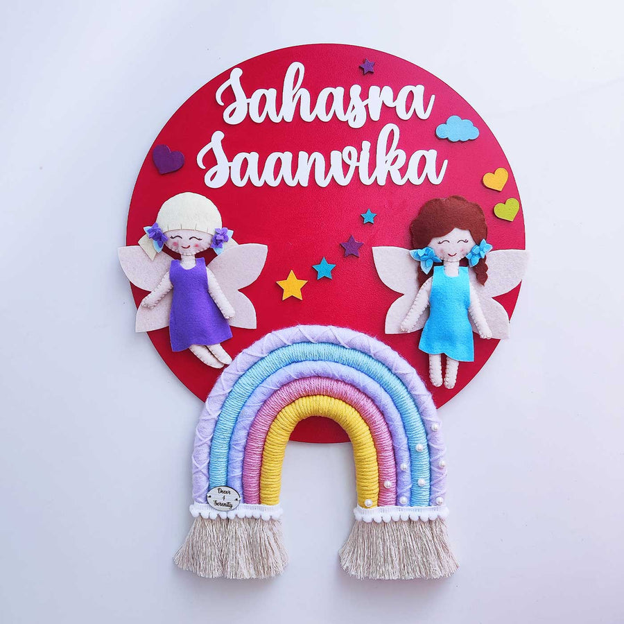 Personalized Handmade Fairy Mdf Wood Kids Name Plate With 3D Letters For Siblings - Front View with Name Personalization