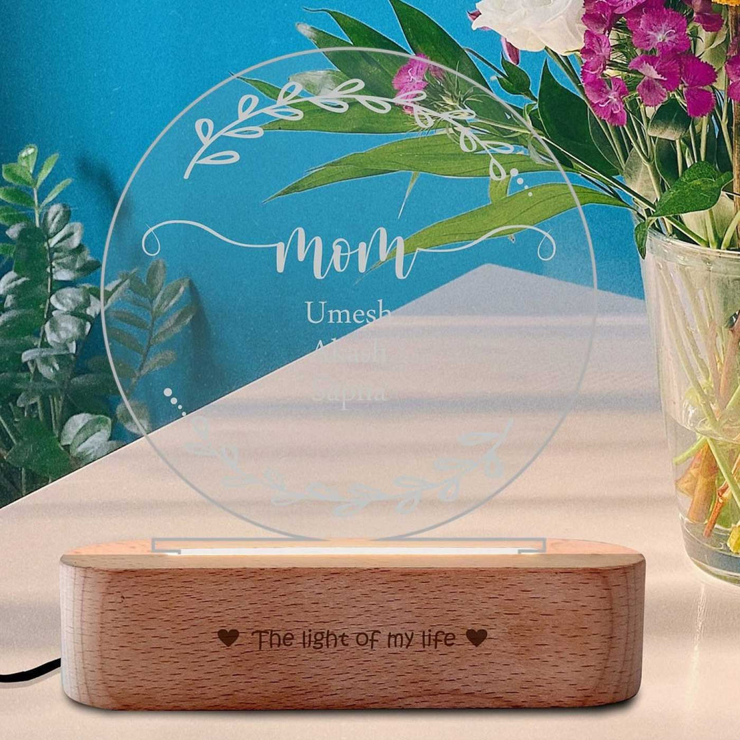 Personalized Leaf Design "Mom" Engraved Acrylic Lamp For Mothers