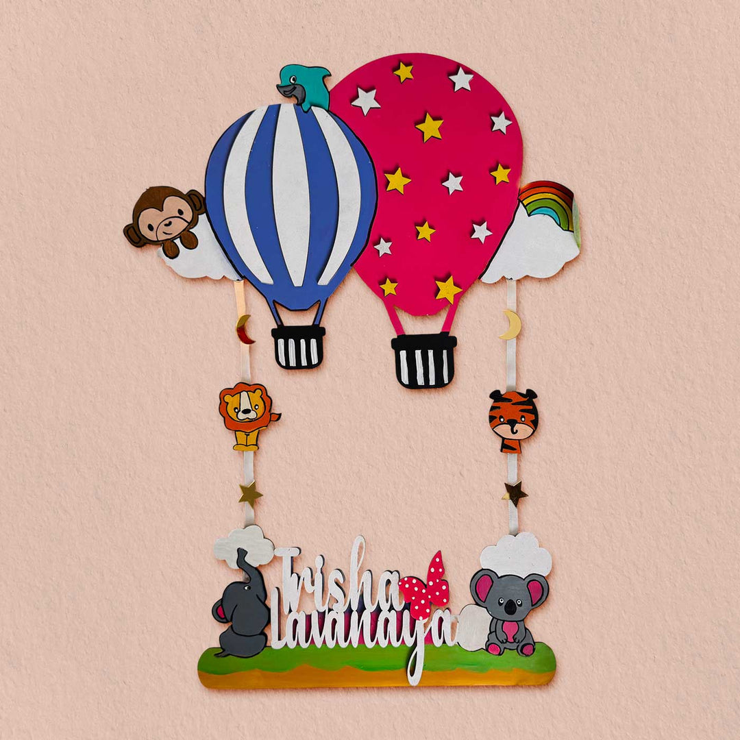 Personalized Handmade Jungle Theme Mdf Wood Name Plate - Front View with Name Personalization