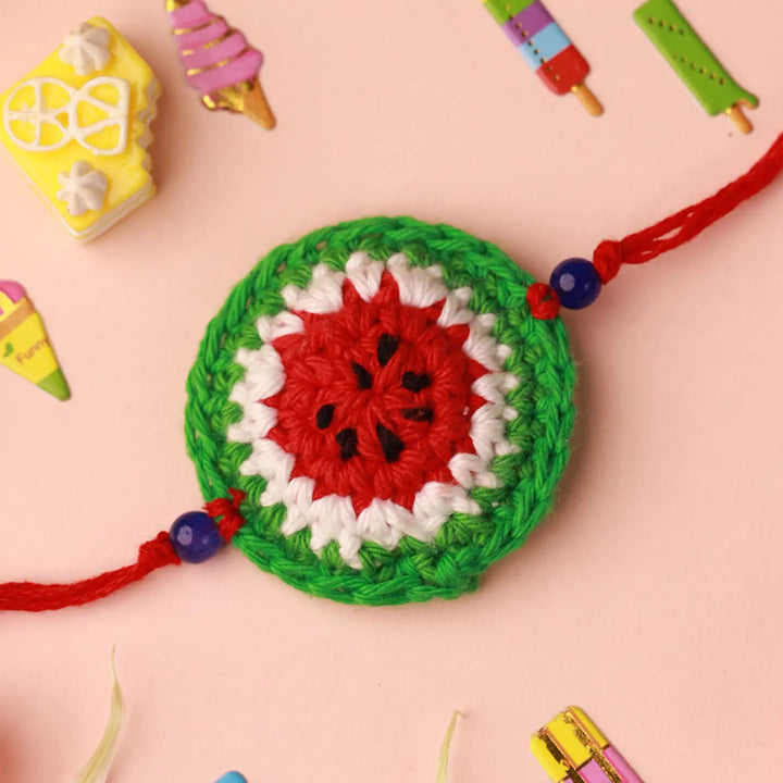 Handmade Crochet Watermelon Rakhi With Roli Chawal