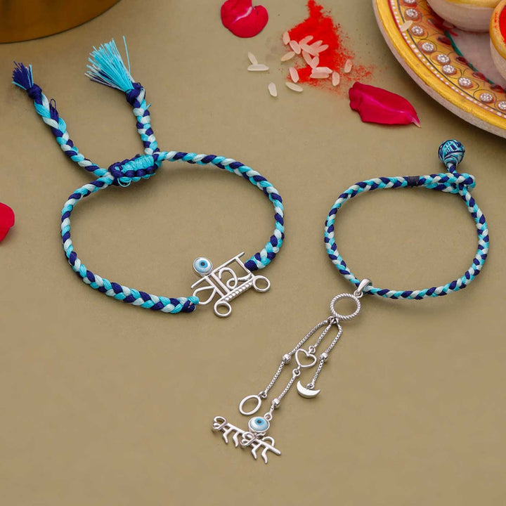 Handmade Evil Eye Design Silver Bhaiya Bhabhi Rakhi - Braided Bracelets Front View