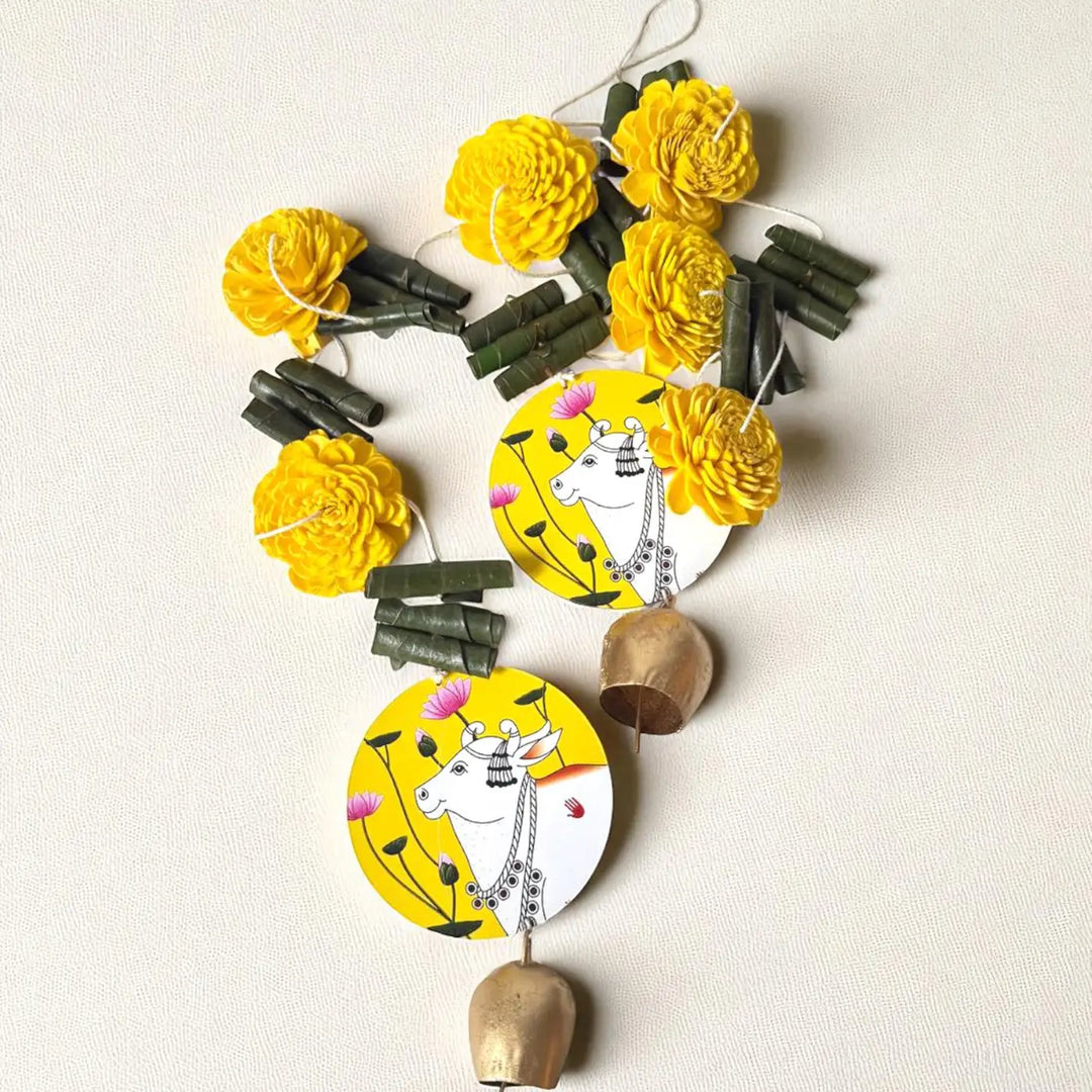 2 Pc | Handmade Yellow Cow Motif Shola Flower Hanging
