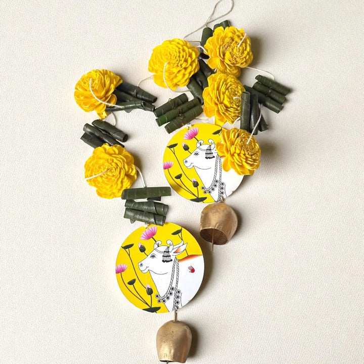 2 Pc | Handmade Yellow Cow Motif Shola Flower Hanging