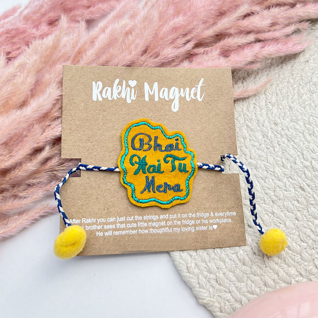Handmade Reusable Bhai Hai Tu Mera Pom Pom Felt Rakhi For Brother - Product on Display Card