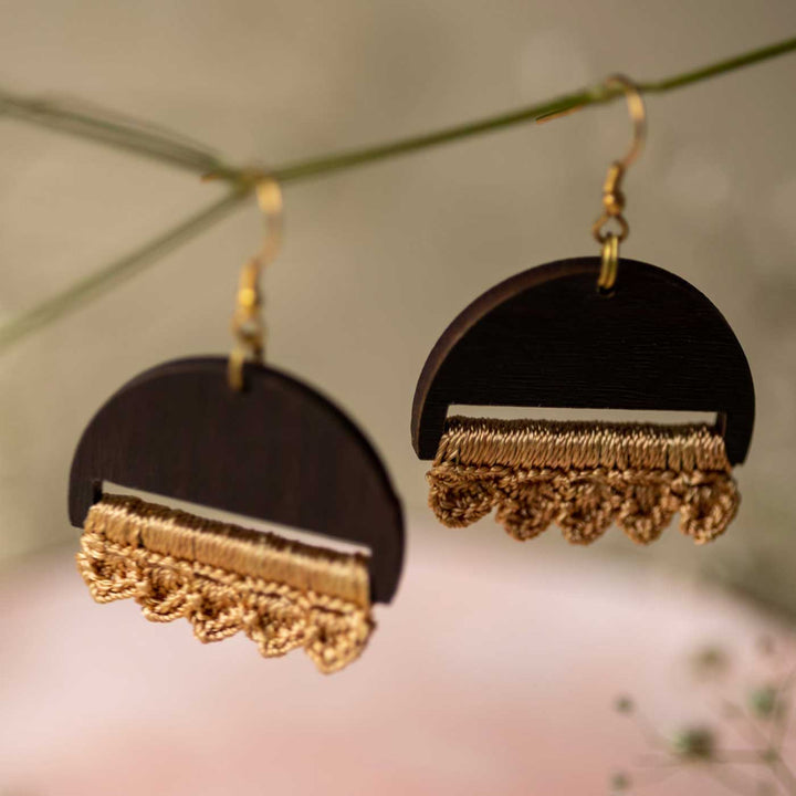 Handmade Crochet Beige Moon Drop Earrings