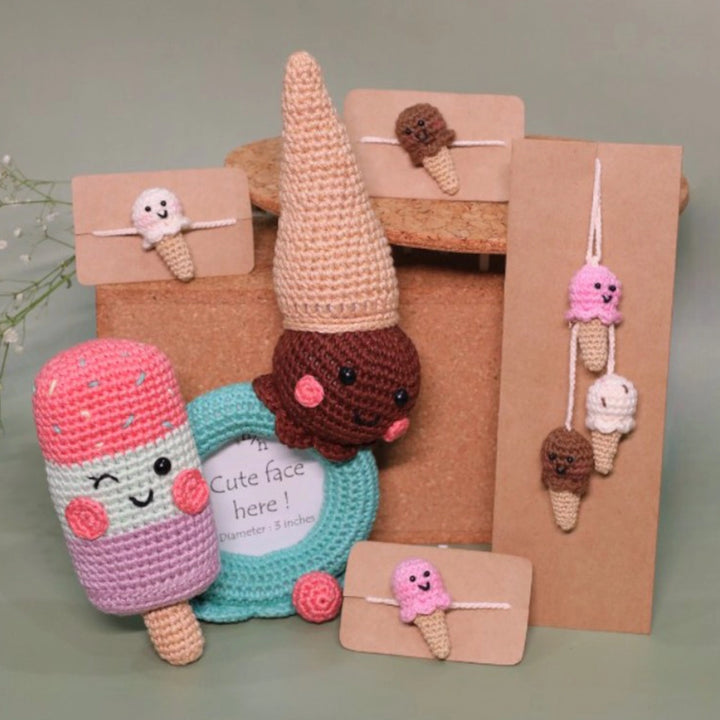 Handmade Crochet Triple Scoop Kids Lumba Rakhi For Girls With Roli Chawal - Product set with display cards