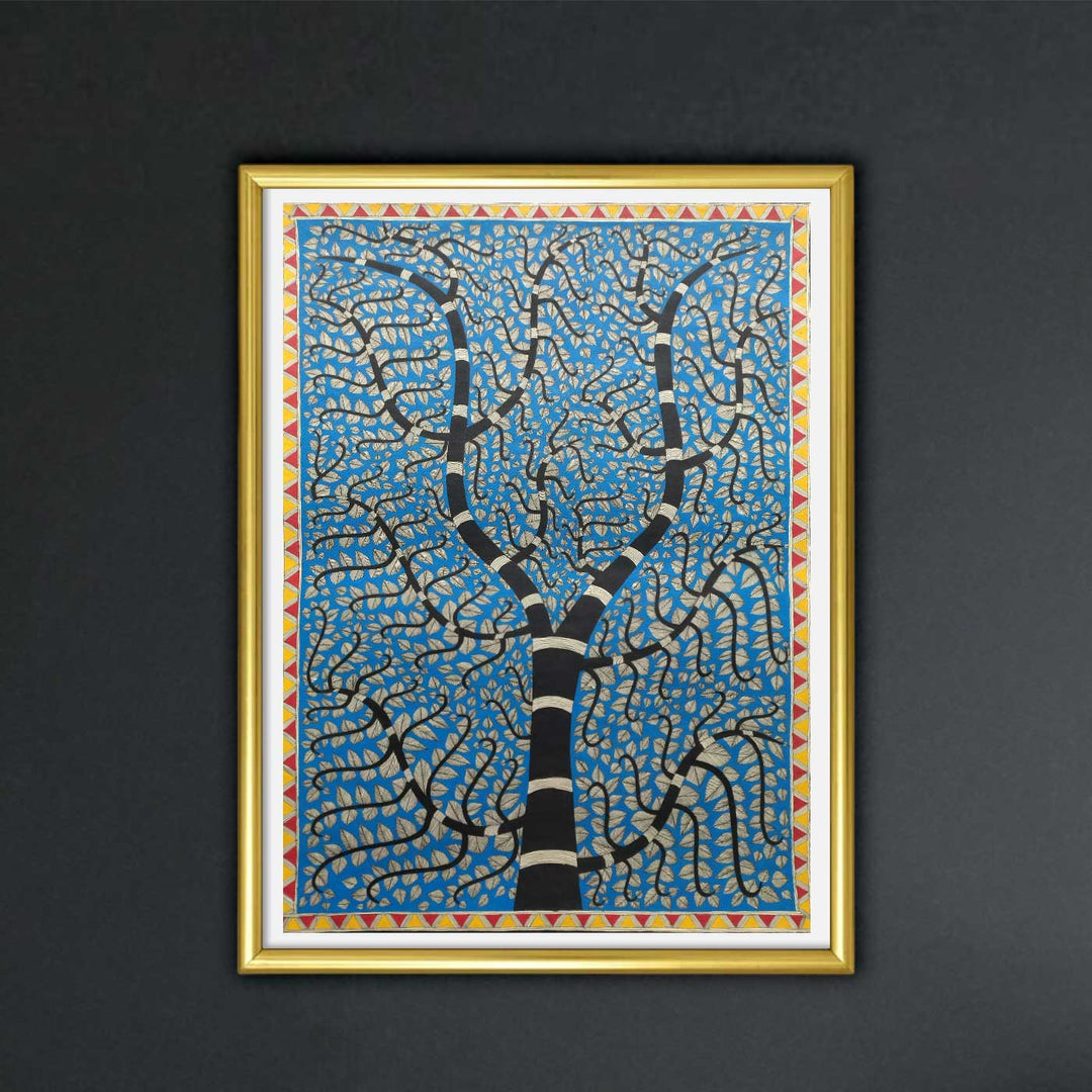 22 x 30 Inch | Blue Dense Leaf Tree | Original Hand Painted Madhubani Painting | Natural Pigments On Paper