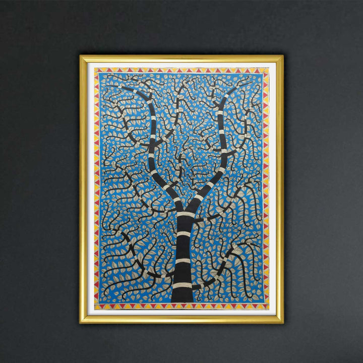 22 x 30 Inch | Blue Dense Leaf Tree | Original Hand Painted Madhubani Painting | Natural Pigments On Paper