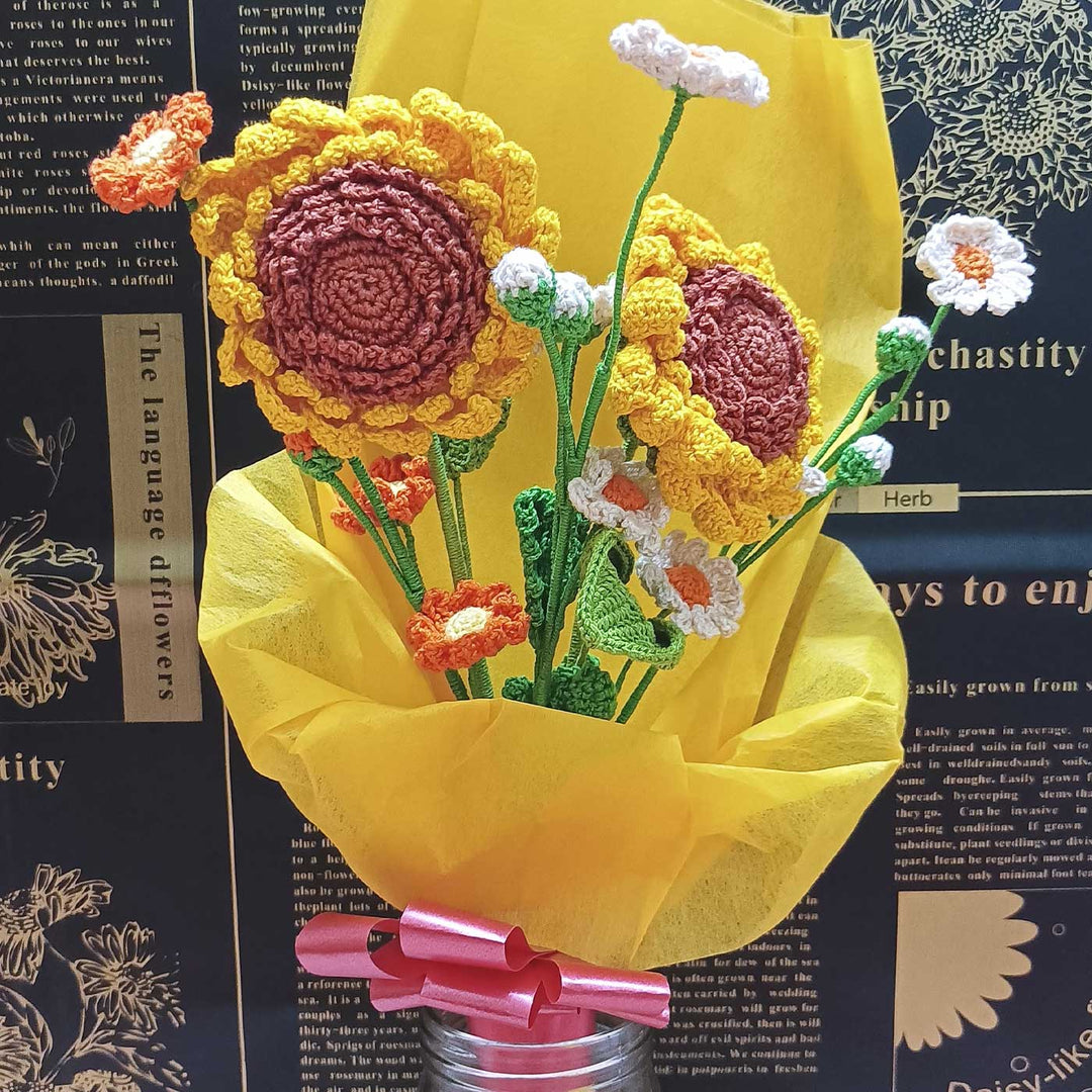 Handmade Crochet Daisies And Sunflowers Cotton Flower Bouquet