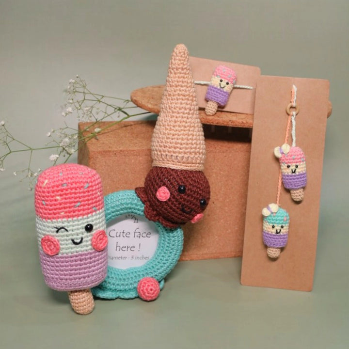 Handmade Crochet Popsicle Love Kids Lumba Rakhi For Girls With Roli Chawal - Crochet Items Group Display with Frame