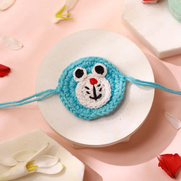 Handmade Crochet Doraemon Kids Rakhi With Roli Chawal
