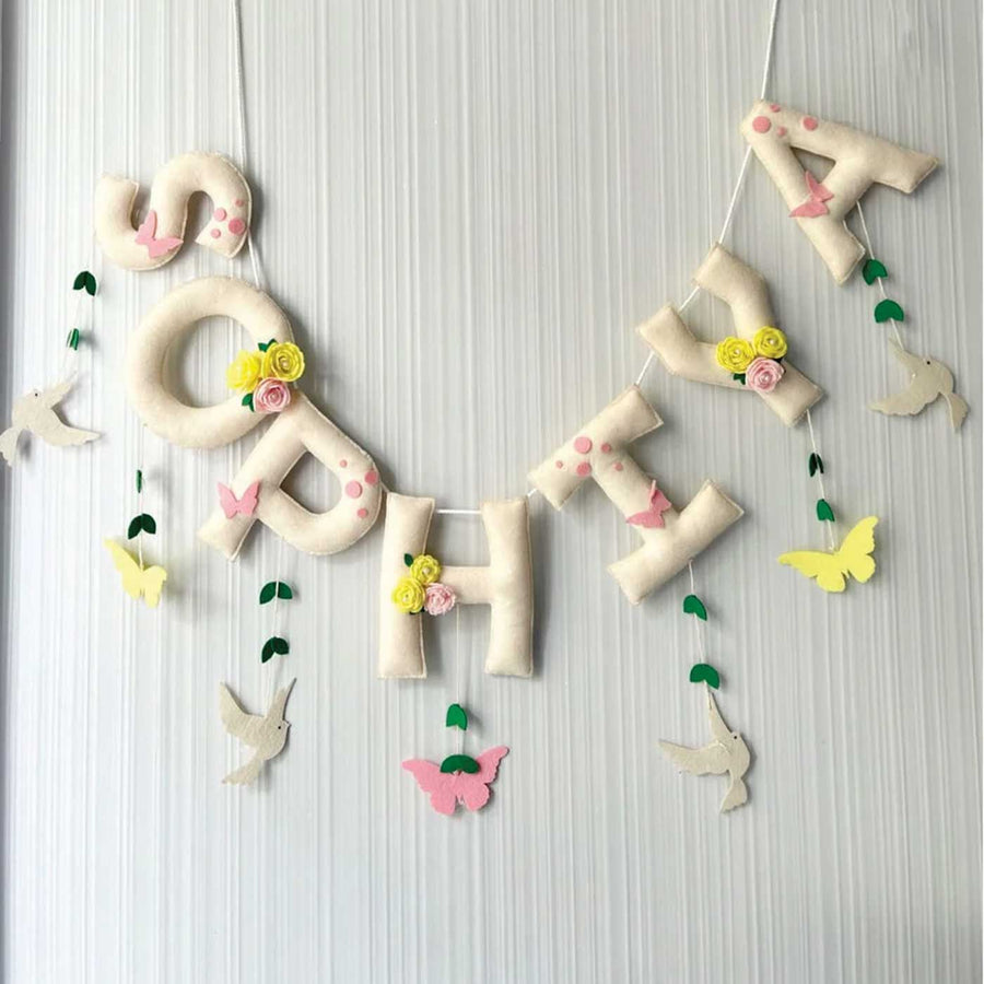 Personalized Birds And Butterflies Felt Bunting Garland For Kids - Hanging Decorative Letter Garland