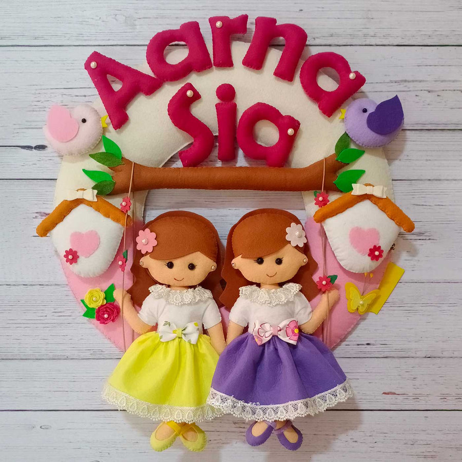 Personalized Sisters On Swing Theme Felt Kids Name Plate For Siblings - Front View with Name Personalization