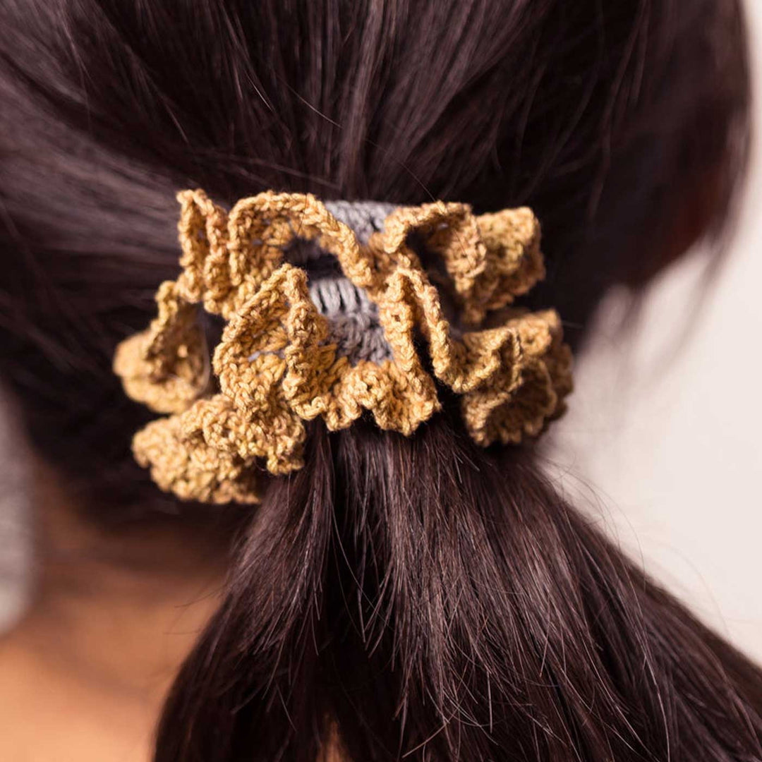 Handmade Crochet Guncha Mustard Green Cluster Scrunchie | Set Of 2