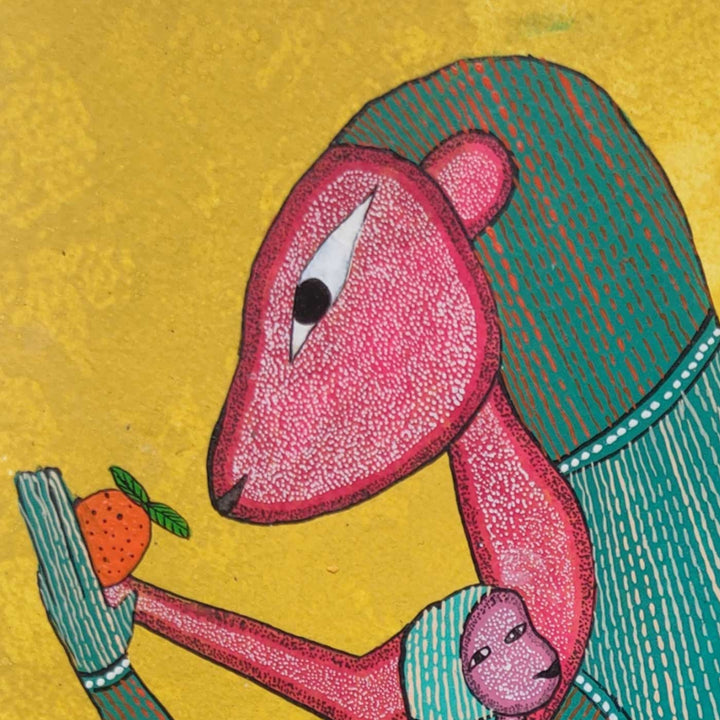 11 x 16 Inch | Mother’s Embrace Monkey & Baby | Original Hand Painted Tribal Gond Art Painting | Acrylic Paints On Paper