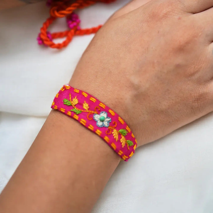 Handmade Embroidered And Beaded Patola Rakhi With Roli Chawal Set Of 3 - Single Bracelet Close-up