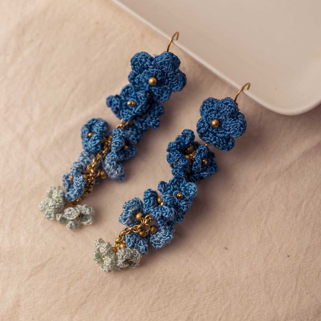 Handmade Crochet Indigo Shower Floral Dangler Earrings