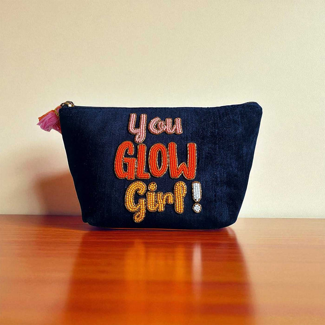 Handmade Embroidered Blue You Glow Girl Design Velvet Pouch