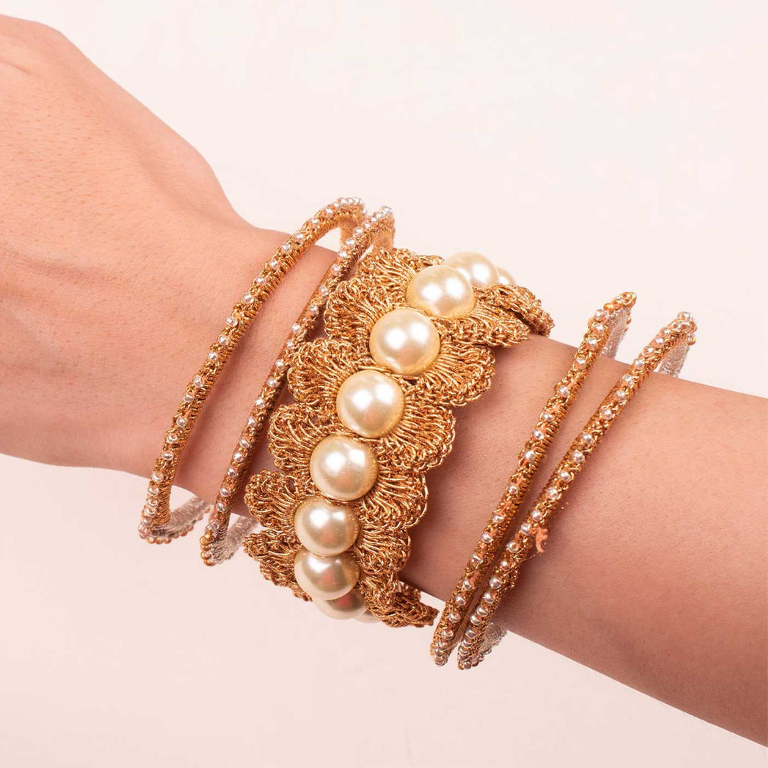 Handmade Crochet Bhommi Gold And Silver Bangles Set | Includes 4 Bangles And 1 Bracelete
