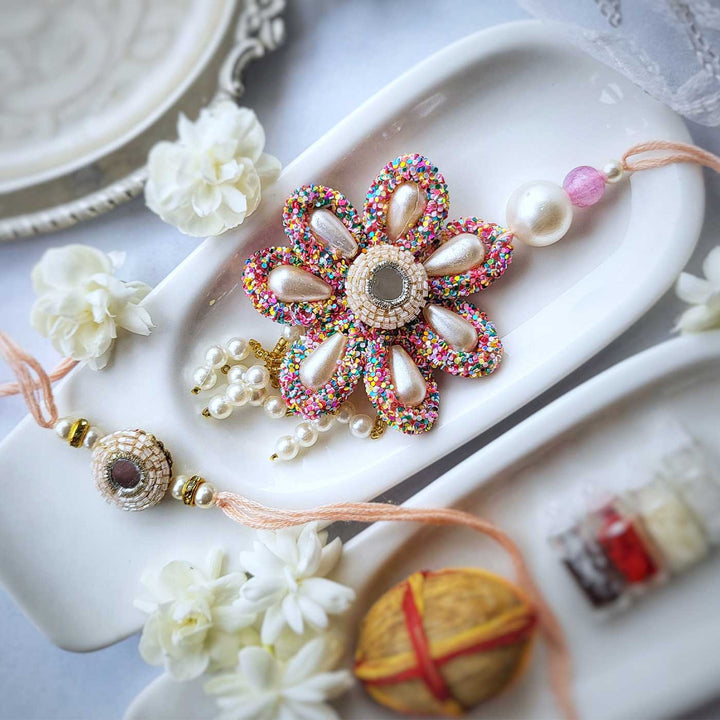 Handmade Beaded Candy Floss Flower Rakhi Hamper With Roli Chawal For Bhaiya And Bhabhi - Floral Rakhi Close-up