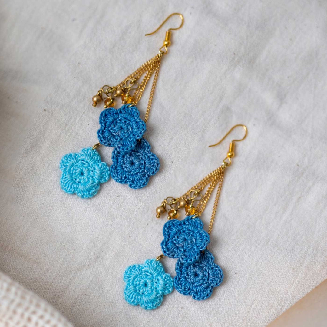 Handmade Crochet Blue Poppies Viscose Thread Swing Earrings